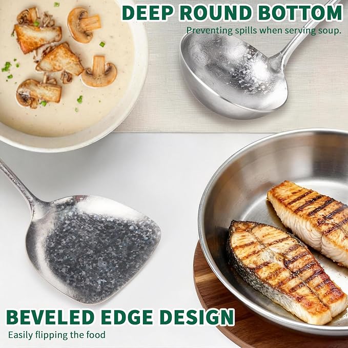 Newness Soup Ladle and Solid Turner, Pure Titanium Soup Spoon and Turner | [Rustproof, Heat Resistance] Resilient, with Long Ergonomic Natural Wooden Round Handle, Non-Toxic Cooking Spoon for Kitchen
