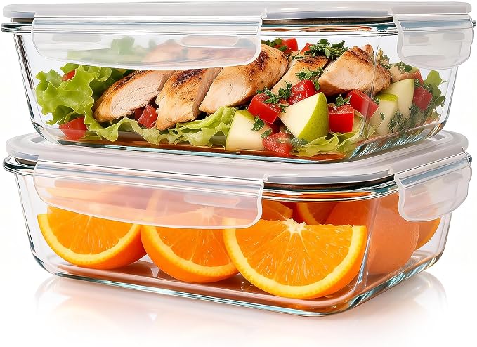 2 Pack 78oz/9.8 CUPS Large Glass Storage Containers with Lids | Meal Prep Food Container Set, Airtight Leakproof Snap Lids, For Family Meal Prep, Baking
