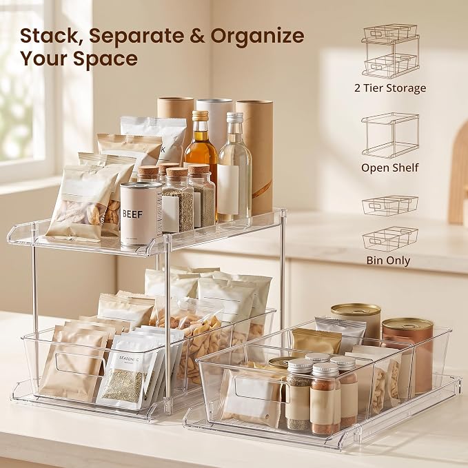 Bathroom Under Sink Organizers and Storage, 2 Tier, 3 Packs | Clear Vanity Countertop Pull-out Cabinet Organizer, Stackable Multi-Purpose Kitchen Pantry Organization with Dividers
