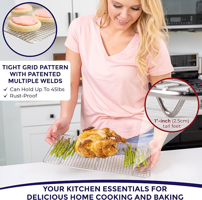KITCHENATICS Jelly Roll Cooling Rack Stainless Steel Oven Safe Set of 2 | Fits standard 10x15 jelly roll pans for grilling, broiling, drying and draining grease while baking