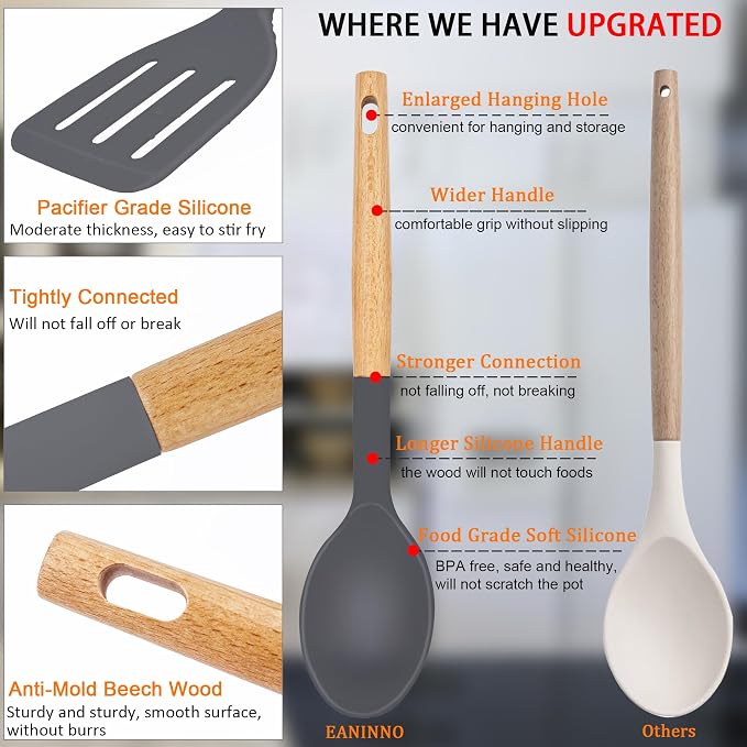 Silicone Spatula Set Spatulas Silicone Heat Resistant for Nonstick Cookware, Large Rubber Slotted Solid Turner Spoon for Kitchen Use Cooking Utensils Set Wooden Handle Grey
