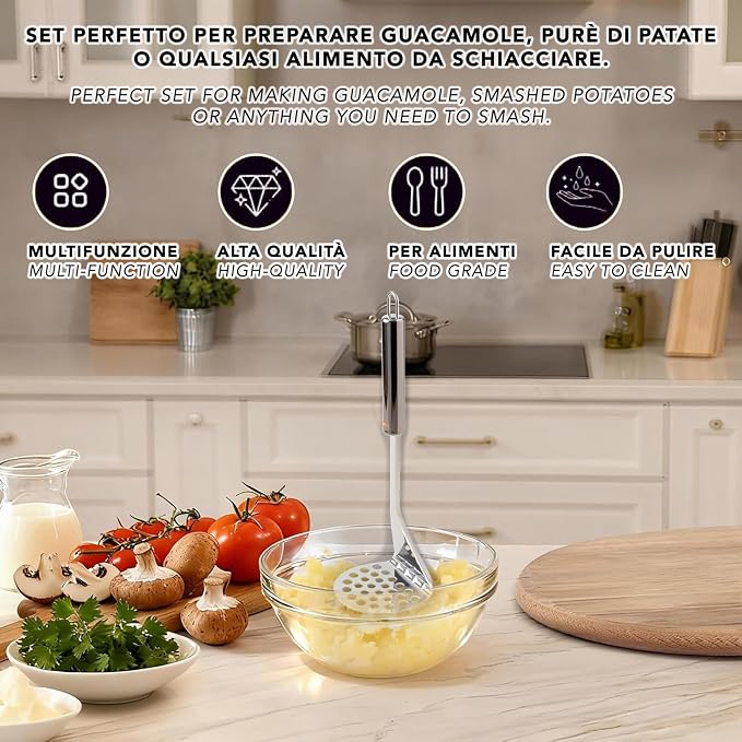 IPEA Professional Stainless Steel Potato Masher for Mashing Potatoes, Vegetables and Fruits - Slim Design - Ergonimic Handle - Manual Tool for Mashed Potatoes and Vegetable and Food Press