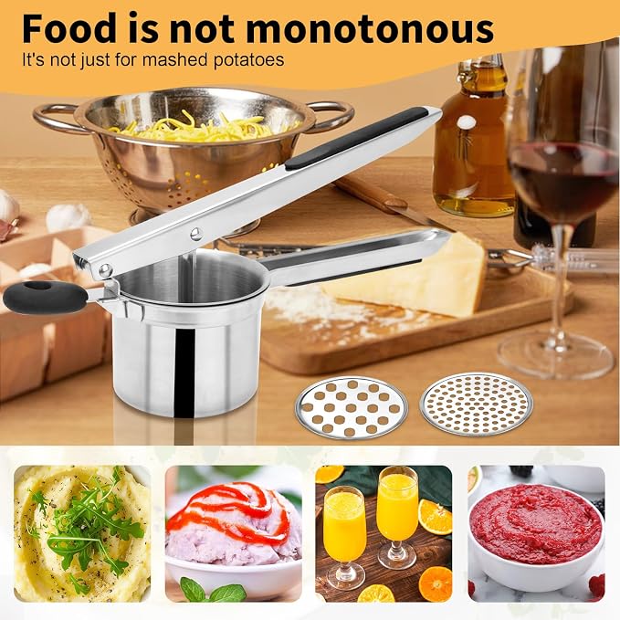 Large 15oz Potato Ricer with 3 Interchangeable Discs, Heavy Duty Stainless Steel Ricers for Mashed Potatoes, Sweet Potato Masher Kitchen Tool with Ergonomic Handle, Spaetzle Maker