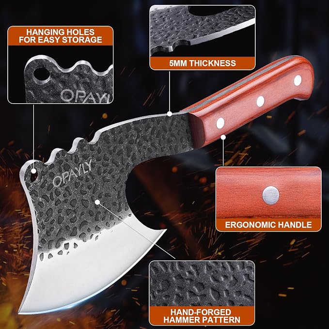 OPAYLY Meat Bone Cleaver Knife Heavy Duty Bone Choppe for Meat Cutting Hand Forged Butcher Axes with Cover cleavers High Carbon meat cleaver for Kitchen Outdoor Camping BBQ gifts for men