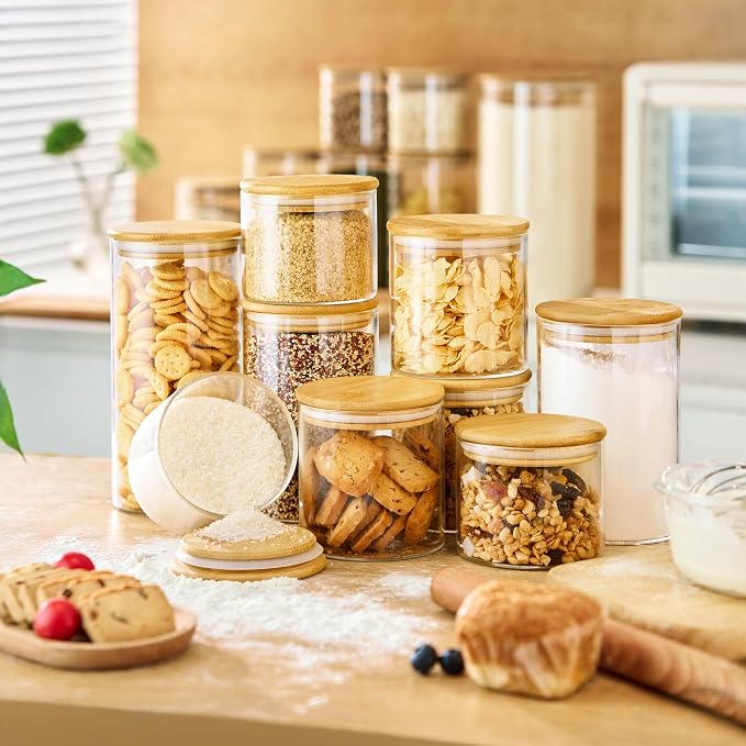 17 oz Glass Jars with Bamboo Lids, Airtight Food Storage Containers, 12Pack | Pantry Jars for Pasta, Rice, Sugar & Flour, Durable Borosilicate Glass Canisters Keep Food Dry & Fresh, Easy to Fill & Clean
