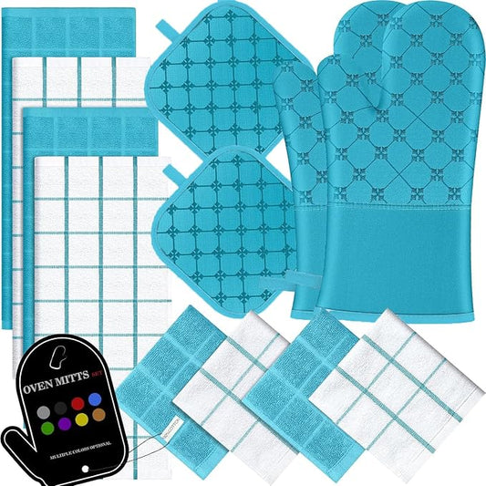 Oven Mitts Kitchen Towels Dishcloths with Pot Holders Sets 12PCS, Dish Towels Sets, Oven Gloves Pot Pads Heat Resistant 500 Degrees with Non-Slip Silicone Surface for Cooking Baking Grilling (Blue)