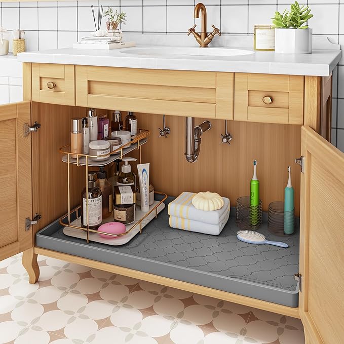 Jin&Bao Under Sink Mat 25" x 19" Waterproof Silicone Cabinet Kitchen Liner | Silicone kitchen cabinet protector, bathroom shelf liner, raised edge traps leaks, anti-slip, easy to clean & dishwasher safe