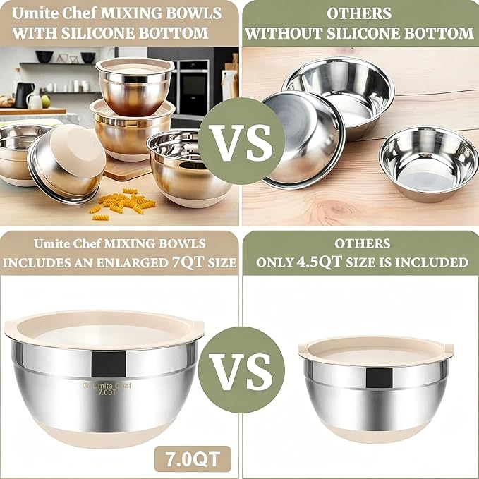 Umite Chef Mixing Bowls with Airtight Lids, 6 piece Stainless Steel Metal Nesting Storage Bowls, Non-Slip Bottoms Size 7, 3.5, 2.5, 2.0,1.5, 1QT, Great for Mixing & Serving (Khaki)