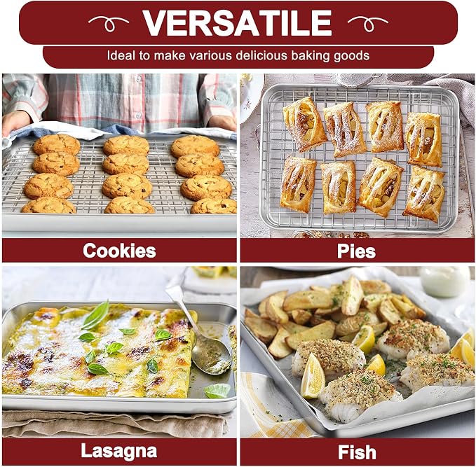TeamFar Baking Sheet with Rack, Stainless Steel Sheet Pan-17.6/16/12.5 Inch | Cookie Sheets Baking Trays and Cooling Racks for Cooking, Non-Toxic & Heavy Duty, Dishwasher Safe, 6 PCS (3 Pans + 3 Racks)