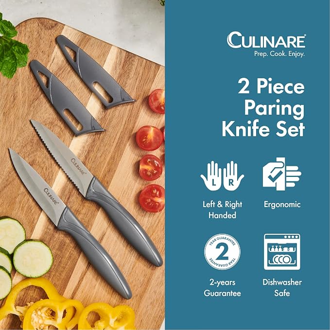 CULINARE 2 Piece Knife Set, Grey, Stainless Steel, 9cm Ultra Sharp Blades, 2 x Kitchen Knives with Protection Covers, Smooth Cutting/Firm Grip/Non-Slip Handle, Dishwasher Safe