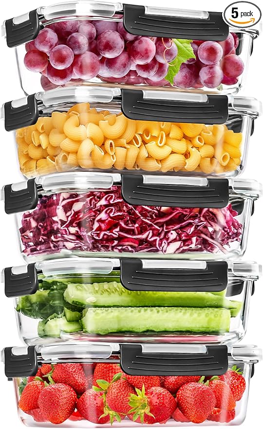 Skroam 5-Packs 36OZ Glass Food Storage Containers with Lids Airtight, Glass Meal Prep Container for Lunch, Pantry Organizers and Storage, Glass Lunch Boxes for Freezer to Oven Safe, Leak Proof | Glass Meal Prep Container for Lunch, Pantry Organizers an...