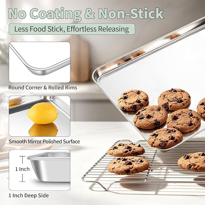 TeamFar Stainless Steel Baking Sheet with Rack Set, 17.6"x13"x1" | 2 Pans + 2 Racks, Cookie Sheet Baking Pan Tray with Cooling Rack for Cooking, Non-Toxic & Rust Proof, Dishwasher Safe