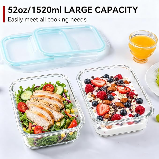 GEHE 2 Pack 52oz Large Glass Food Storage Containers with Lids, Glass Meal Prep Containers with Airtight Lids for Baking, Storing, Lunch Container, Microwave/Freezer/Dishwasher Safe, BPA Free