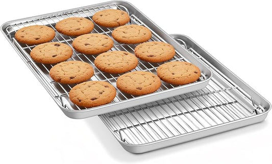 Homikit 16x12 Inches Baking Sheet with Wire Rack Set (2 Pans+2 Racks) | Stainless Steel Cookie Sheets for Baking, Metal Baking Tray Jelly Roll Pan with Cooling Racks, Oven & Dishwasher Safe
