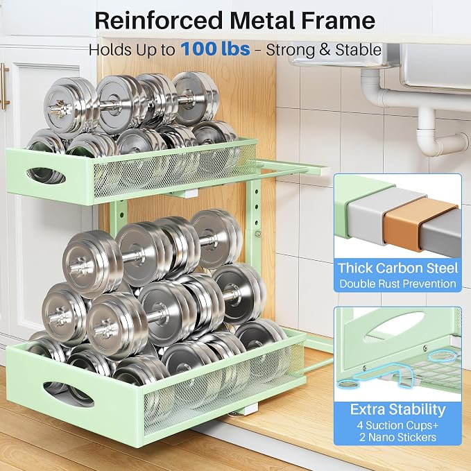 Under Sink Organizer, 2 Tier Pull Out Under Cabinet Organizer Shelf with Pad for Framed Cabinets, Metal Slide Out Under Sink Storage, Mesh Sliding Drawers for Kitchen Bathroom Laundry(Green, 1 Pack)