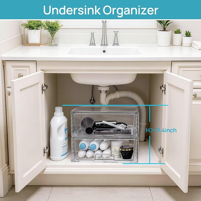Vtopmart 3 Pack Large Clear Stackable Storage Drawers for Closet, Pantry | Easily Assemble Bathroom Closet Undersink Organizers,Plastic Bins for Cabinet,Kitchen Pantry,Medicine Organization