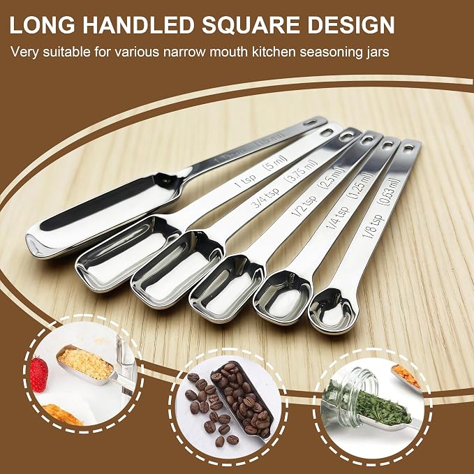 Stainless Steel Measuring Spoons Set of 7 with Leveler, Long Handle Rectangular Metal Teaspoon Tablespoon for Measuring Kitchen Spice, Dry & Liquid Ingredients