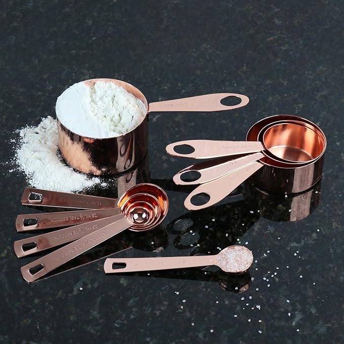 Copper Measuring Cups and Spoons Set - 9-Piece Food-Grade Stainless Steel Measuring Set with 2 Storage Rings for Heavy Duty Cooking & Baking, Rose Gold
