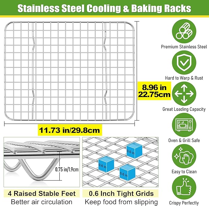 Homikit 12x9 Inch Stainless Steel Cooling Rack Set for Quarter Sheet Pan | 2 Pack Small Baking Racks for Cookie Bread Pizza, Toaster Oven Bacon Racks, Metal Grilling Grids, Rust Free, Dishwasher Safe