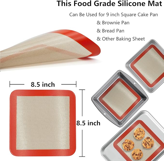 AMYONE Square Silicone Baking Mats for 9 Inch Baking Pan, Platinum, 2PCS | Food Grade Silicone for 9" Cake/Brownie Pan, for Cake/Bread/Pizza/Pastry/Cookie/Bun/Pie, Nonstick, Easy Clean, Reusable