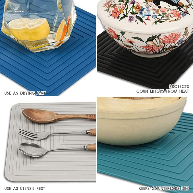 Trivets for Hot Dishes, Silicone Trivet Pads for Kitchen, Silicon Trivets for Hot Pots and Pans, Big Silicone Pot Holders, Trivet for Quartz Countertops, Heat Resistant Mats Set 2 Black
