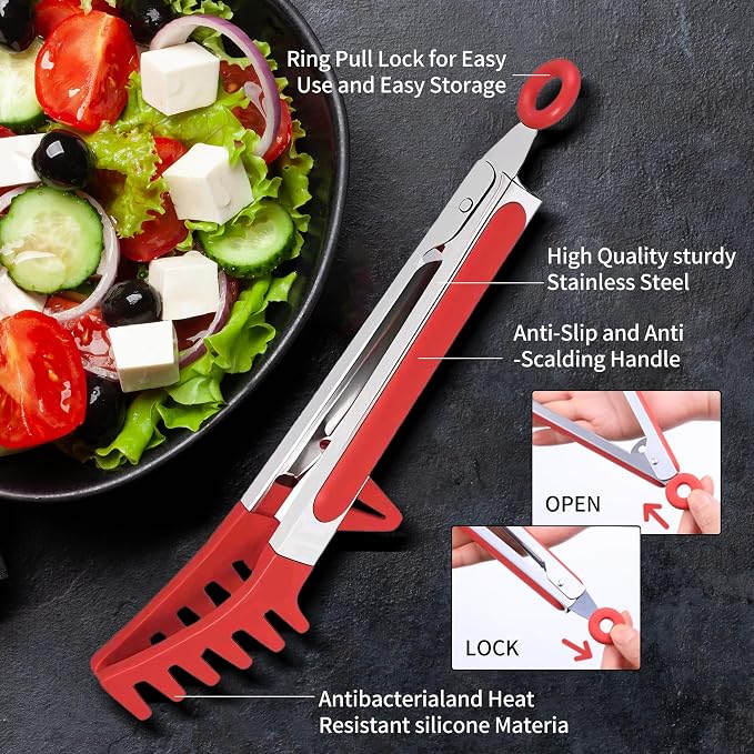 Professional Stainless Steel Pasta Tongs with Non-Slip Silicone Teeth - Heat Resistant 600°F, Dishwasher Safe Spaghetti Server Utensil for Cooking, Baking, Salad...(red)