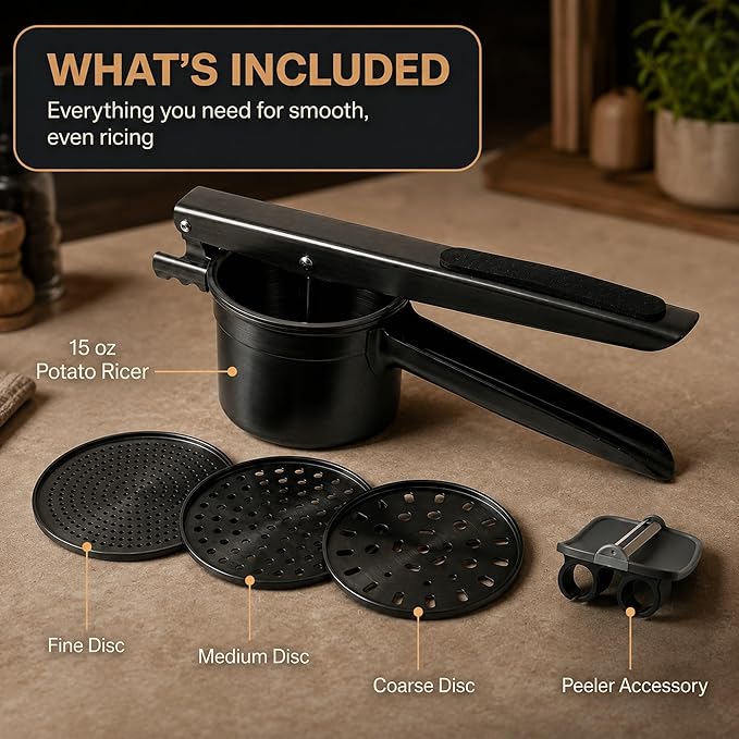 Potato Ricer Stainless Steel (15 oz, Black) - Heavy Duty Potato Masher with 3 Interchangeable Discs & Peeler - Easy Mashed Potatoes Kitchen Tool by Kovilo