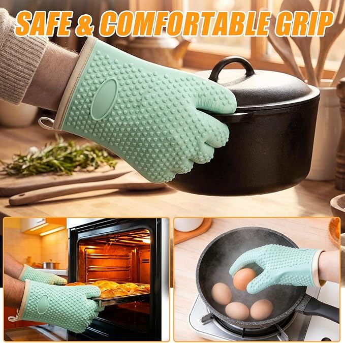 2 Pack Silicone Oven Mitts Heat Resistant, Waterproof Non-Slip BBQ Gloves, Flexible 5-Finger Kitchen Mitts, Kitchen Mittens for Baking, Grilling, Black