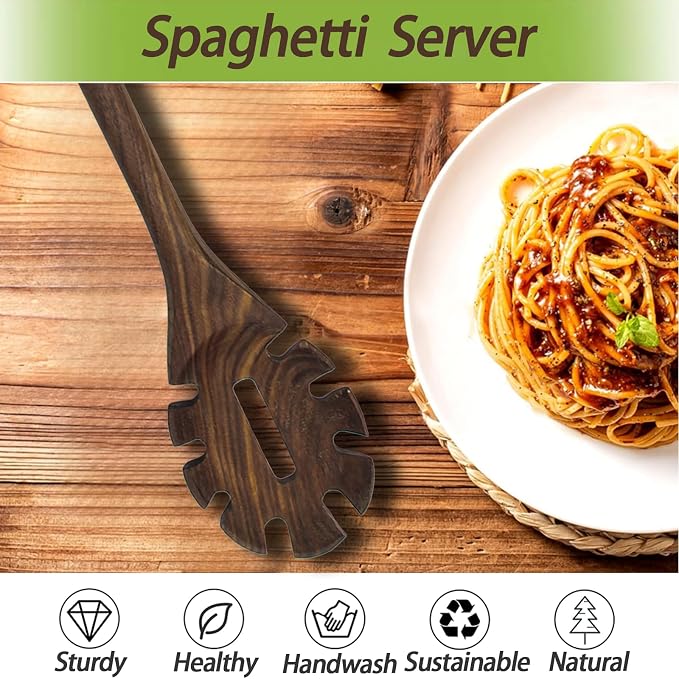 13.5" Walnut Wood Spaghetti and Pasta Server, Large Wooden Spaghetti Spoon Server, Long Handle Wooden Pasta Spoon with Teeth, Ideal Pasta Forks, Walnut Wood Cooking Utensils