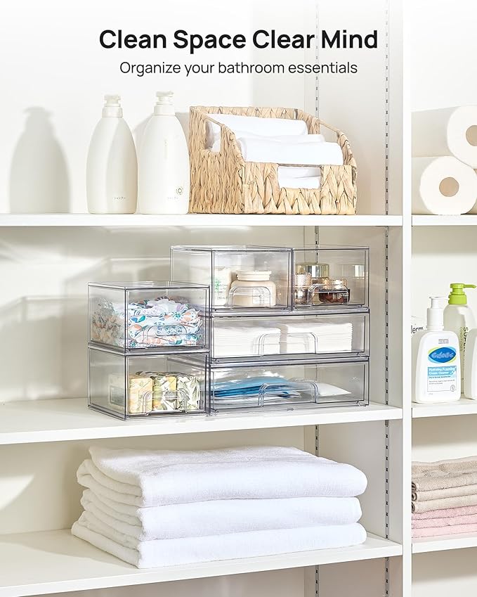 Vtopmart Clear Stackable Storage Drawers Set of 6, Plastic Organizer Bins | Multi-purpose Boxes for Bathroom Accessories Storage, Ideal for Cabinet, Shelf, Pantry, Laundry Room Organization