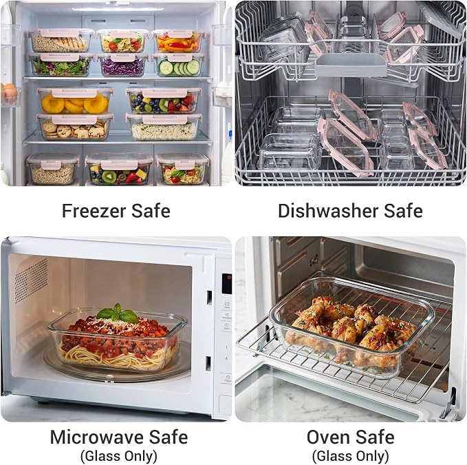 Dealusy 10 Sets 36 oz & 12 oz Glass Food Storage Containers with lids, Pink | 20-Piece Airtight Leak-proof Glass Meal Prep Containers with Lids, Microwave Oven Freezer Dishwasher Safe