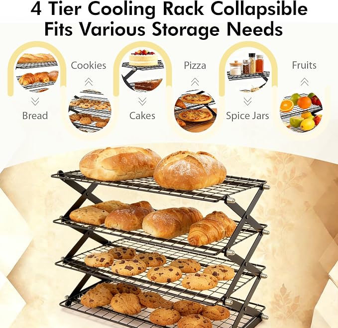 4 Tier Collapsible Cooling Rack - 3 Setting Adjustable & Stackable Stainless Steel Baking Rack, Stackable Cooling Racks for Baking, Cookies, Cakes, Roasting, Grilling, Drying, Space-Saving (Black)