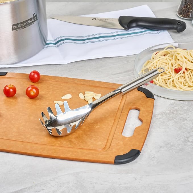 Restaurantware 12.5" Stainless Steel Pasta Fork - German Standard Pasta Server with Large Slotted Bowl, Dishwasher Safe - Slotted Pasta Spoon for Spaghetti, Linguine, Fettuccine