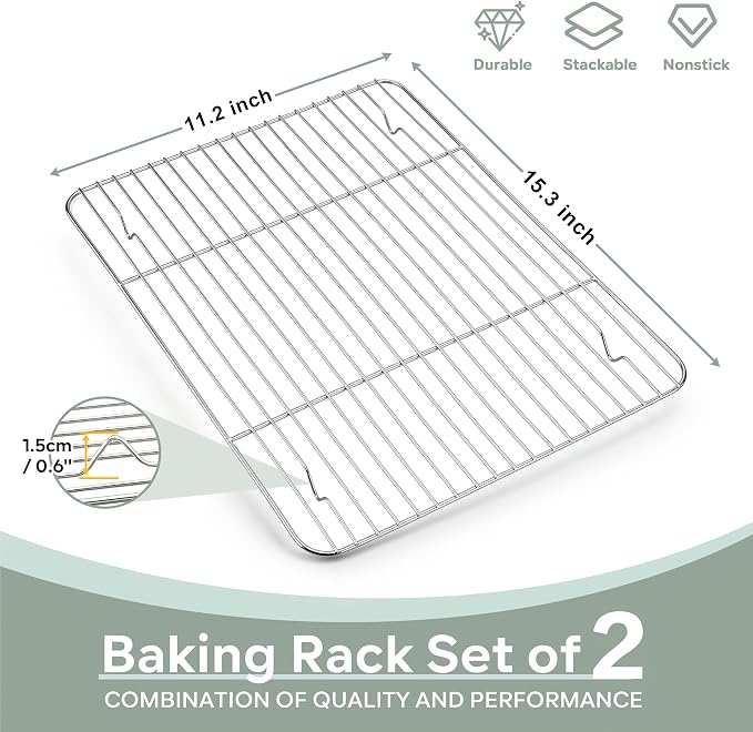 Herogo Baking Cooling Rack Set of 2, 15.3” x 11.2” Wire Cooking Rack | Stainless Steel, Oven & Dishwasher Safe, Kitchen Bakeware Rack, for Barbecue Roasting Grilling