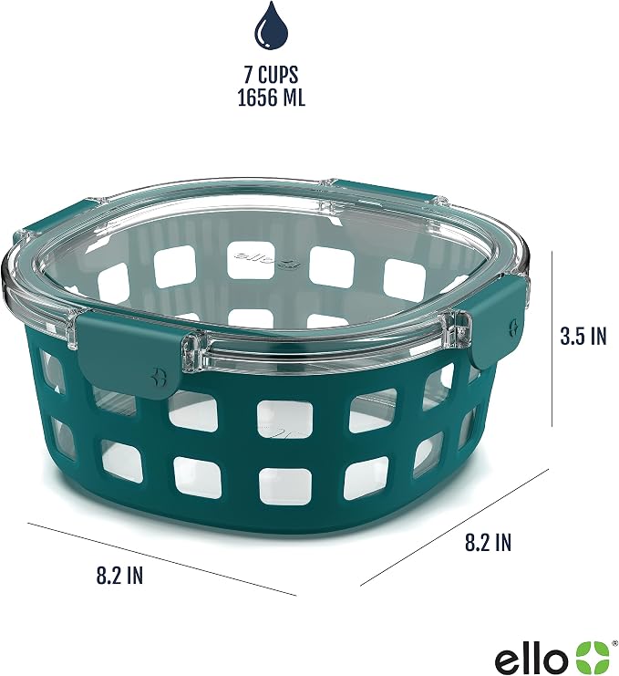 Ello Duraglass 7 Cup Glass Meal Prep Container with Lid, Teal | 7 cup glass meal prep container with silicone sleeve, leakproof BPA-free lid, microwave, freezer and dishwasher safe
