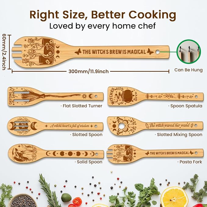 CUTHOLLOW 6PCS Magic Witch Wooden Kitchen Cooking Utensil Set, 11.9in Non Toxic Bamboo Wood Spoon Set for Cooking, Best Housewarming Halloween Decor Gift for Women Mother