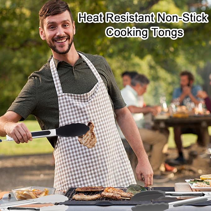 6 PCS Silicone Tongs,Cooking Tongs with Silicone Tips,7 Inch Stainless Steel Silicone Kitchen Tongs,Heat Resistant Non-Stick,for Cooking Grilling Salad,BBQ Tongs with Locking