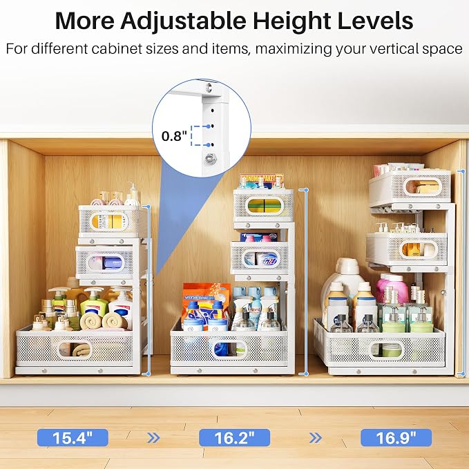 Under Sink Organizer, 3-Tier Thickened Metal Pull out Cabinet Organizer Shelf, Height Adjustable Slide out Storage Drawer Rack for Kitchen Bathroom Pantry Laundry Home Organization, 1-Pack, White | 35% Extra Storage Capacity, Carbon Steel, Hold Up 55lb...