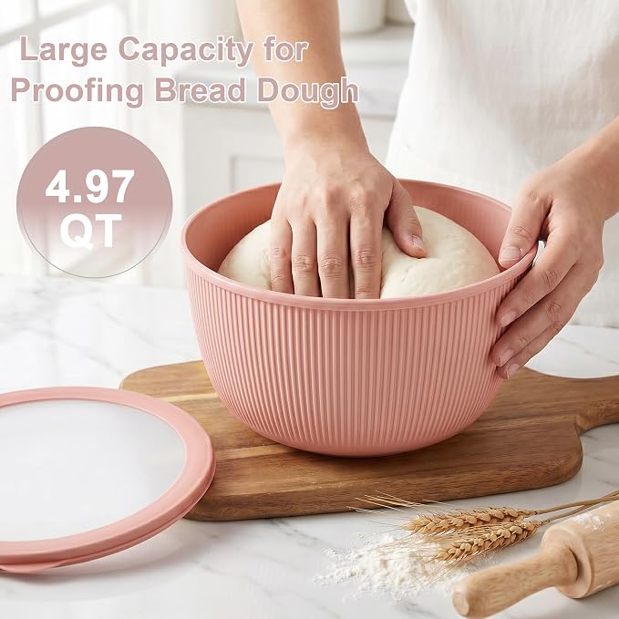 BoxedHome 4.97 Quarts Mixing Bowls with Lids Set, 4 Packs BPA-Free Plastic Prep Bowls for Kitchen, Dishwasher & Microwave Safe, Pink