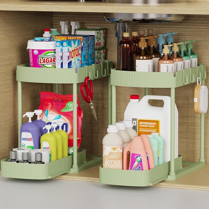 2 Packs Under Sink Pull-Out Storage Organizers, 14.8 Inches, Green | Multi-Purpose Cabinet Organizers and Storage for Bathroom & Kitchen