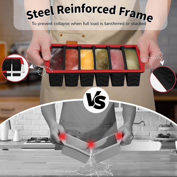 3-Pack Silicone Freezer Trays with Lid,2 Large 2-Cup(500ml)&4 Medium 1-Cup(250ml)&6 Small 1/2-Cup(125ml) Soup Freezer Container Molds,Ice Cube Tray For Meal Prep&Freezing Soup(Black with Red Trim)