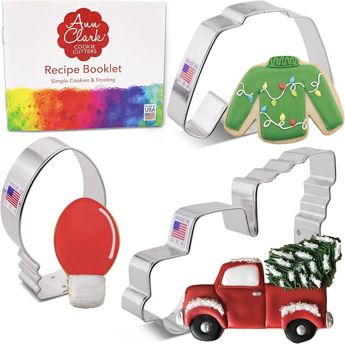 Ann Clark 3-pc. Vintage Christmas Cookie Cutter Set (Ugly Christmas Sweater, Vintage Truck with Tree & Lightbulb) Made in USA