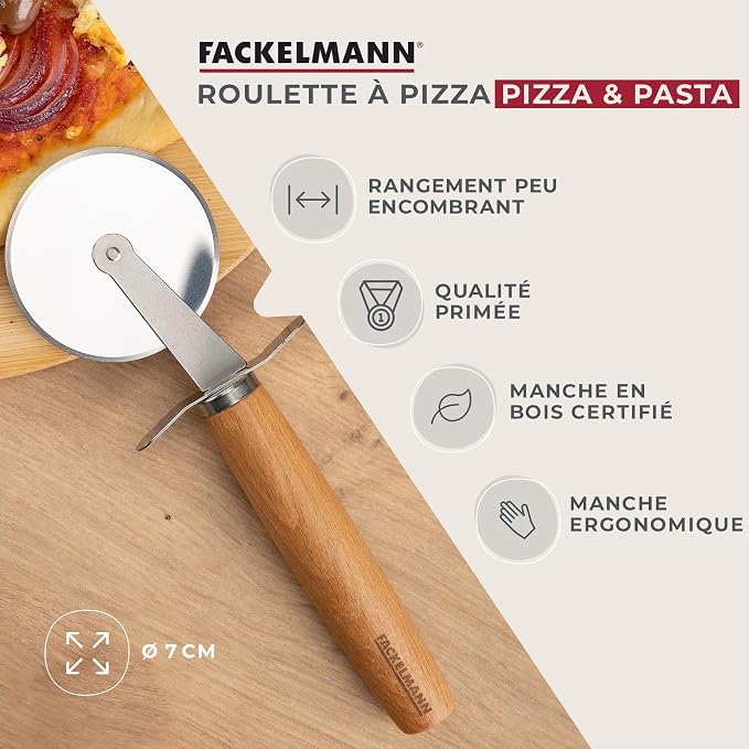 Fackelmann Pizza Cutter for Pizza and Tarte Flambée - Pizza Wheel with Sharp Stainless Steel Blade - Pizza Roller with Ergonomic Beech Wood Handle - Approx 21cm