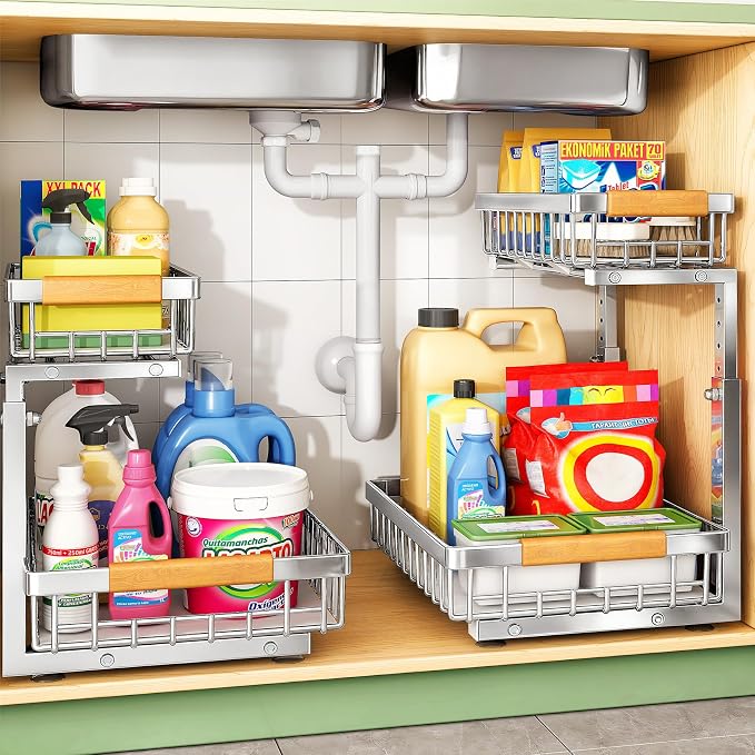 Kitstorack Under Sink Organizer, 2 Tier Under the Sink Storage, Slide out Pull out Cabinet Organizer Shelf, Metal Sliding Drawer for Kitchen Bathroom Pantry Closet Organization Rack, Silver, 2 Pack