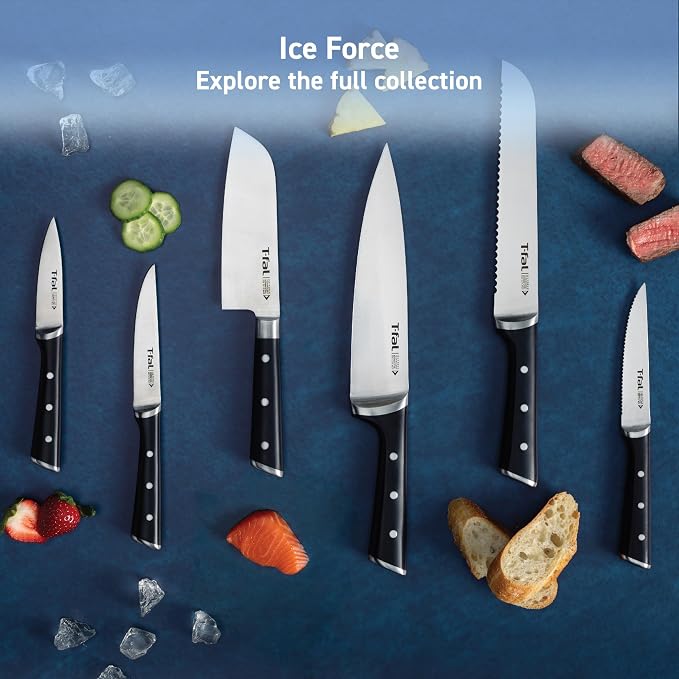 T-Fal Ice Force German Stainless Steel Santoku Knife, Utility knife 2 Piece, Long Lasting Sharpness, High Cutting Precision, Superior Durability, Ultra Sharp, Cookware Kitchen Knife, Cook Tool, Black