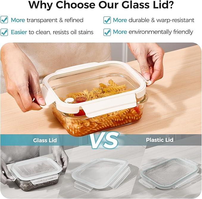 Vtopmart 5 Pack Glass Food Storage Containers with Glass Lids & Air Vent | Meal Prep & Leftover Storage Containers for Kitchen, Lunch and Refrigerator, Microwave Oven Freezer Dishwasher Safe