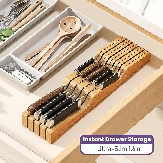 Bamboo In-Drawer Knife Block for 9 Knives(Not Included), Knife Drawer Organizer,Knife Holder Countertop,Block Knife Storage Organizer for Kitchen