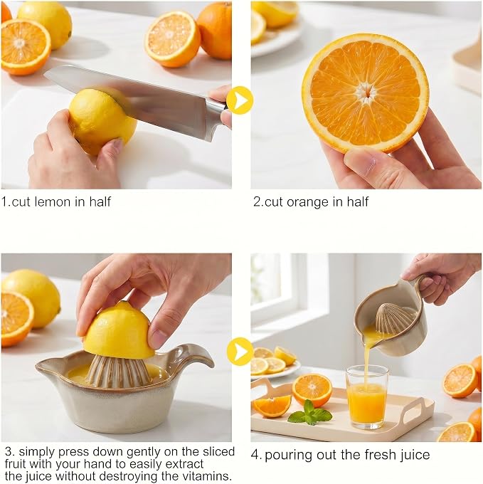 4 inch Ceramic Lemon Squeezer - Manual Citrus Juicer with Handle and Easy Pour Spout for Lemon, Orange, Lime&Grapefruit -Easy to Clean Hand Press Juicer,Microwave & Dishwasher Safe,Lead-Free (Gray)