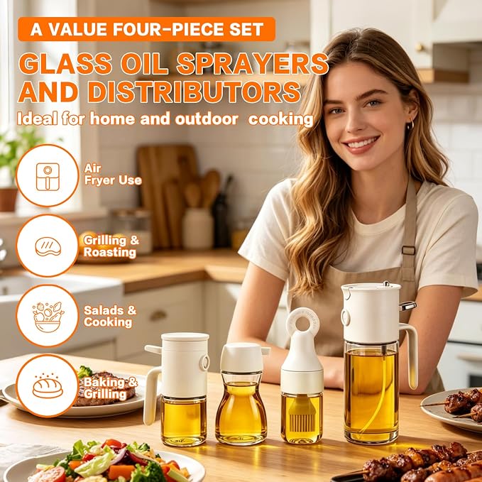 4PCS Oil dispenser Set, 580ML Borosilicate Glass 3-in-1 oil bottle with 3-Piece Mini Kit for Kitchen, Air Fryer, Camping & Baking