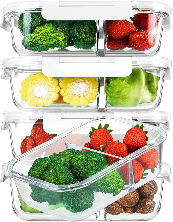 M MCIRCO 5 Pack,36 oz, 2 Compartments Glass Meal Prep Containers with Lids | Divided Glass Food Storage Containers, Portion Control Lunch Containers, Microwave, Oven, Freezer, Dishwasher, White